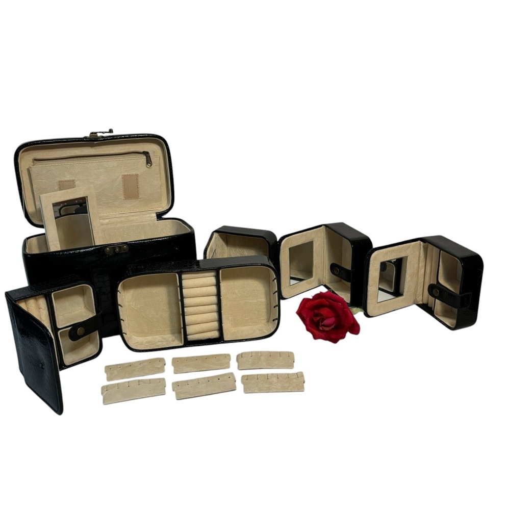 VTG Black Croc Print 6 PC Jewelry Travel Case + dividers & mirror top handle
